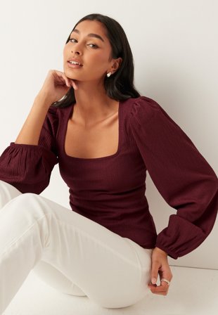 BUBBLEROOM - Square Neck Balloon Sleeve Top - Burgundy