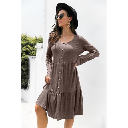 Enfärgad Casual Klänning Kvinnor Våren Långärmad O-ringad Knapp