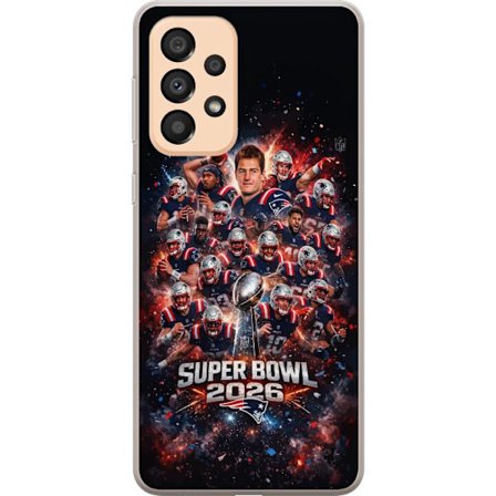 Yhteensopiva Puhelinkuori Samsung Galaxy A33 5G Super Bowl 2026 juliste, jossa New England Patriots ja NFL-mestaruuspalkinto räjähtävän urheilullisess