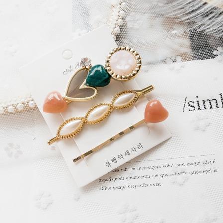 3 Stk Söta Hårnålar Med Hjärtan & Pärlor Grön One Size