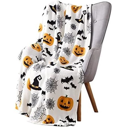 Haunted Halloween Fleece-tæppe: Edderkoppespind, hekses hat, sorte flagermus og dekorerede græskar trykt på blødt fløjl F