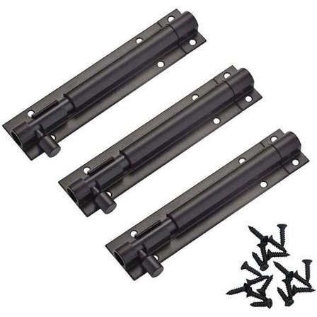 3-pack rostfria skjutdörrlås med skruvar, 4 tum liten svart skjutreglage