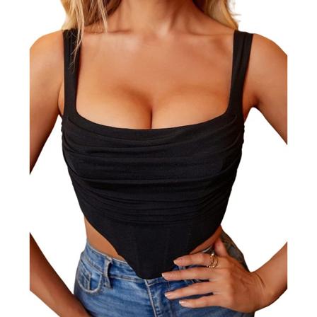 Kvinnors nätkorsett med rynkad topp med remmar festbustier Black L