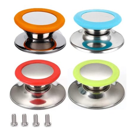 4 st pottlock (röd, blå, grön, orange), pottlockknoppar, reservdelar för hushållsspis, spis