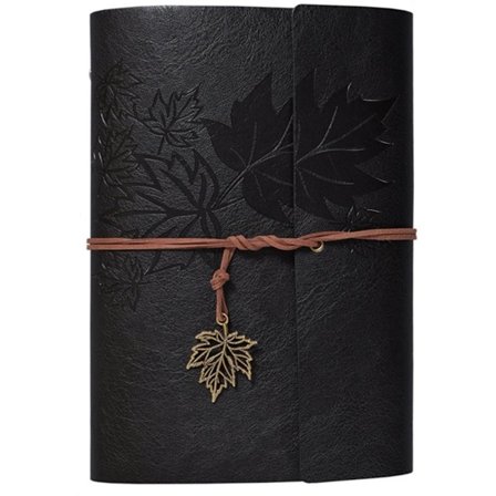 Vintage Läderanteckningsbok Svart 16,5x23,5cm A5 med Lönnlövsmönster 80 Ark 6-rings Pärm Journal Skissbok Resedagbok Arbete Skola Kompatibel