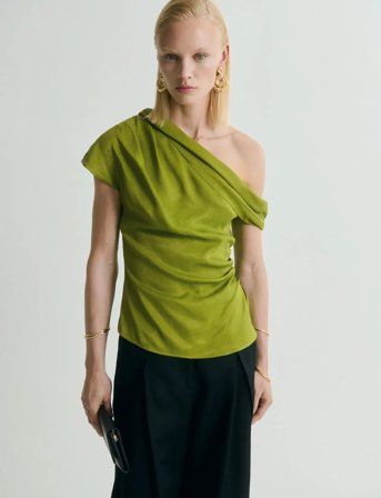 Mango Satin Blouse With Asymmetrical Neck - Green - XS