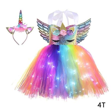 Børn Glødende Enhjørninger Kostume Børn Farverige Led-lys Pailletter Fødselsdagsfest Kjoler Shiny Princess Cosplay-kjole 4T White Light Colored