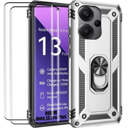 2 hærdede briller + etui til Xiaomi Redmi Note 13 Pro+ 5G - Note 13 Pro Plus 5G, solid stiv stødsikker ring bagpå - sølv