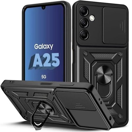 Beskyttelsesskal - BOOLING - til Samsung Galaxy A25 5G - Sort - Stødabsorberende - Rotérbart Stativ