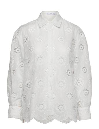 Embroidered Openwork Shirt Langermet Skjorte Hvit Mango*Betinget Tilbud