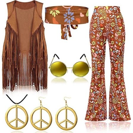 70-talls Hippie Party Retro Kostyme med frynser Vest+bukser+sjal Kostyme Kamel farge L