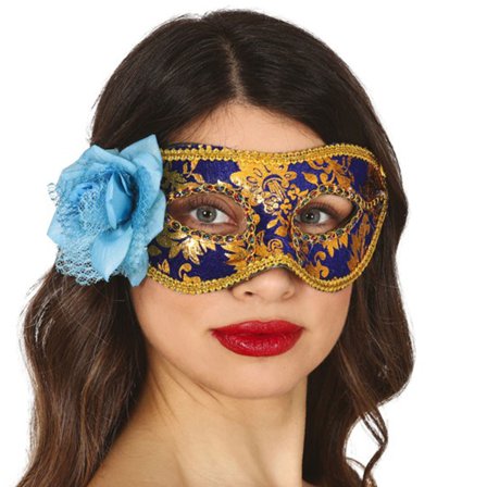 Halvmaske med Blomst Blå/Gull