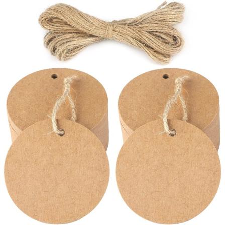 5 cm pyöreät kraft-paperilaput, 100 lahjalappua, 100 keltaista narua, askarteluun, häihin, vauvakutsuihin, jouluun (ruskea)