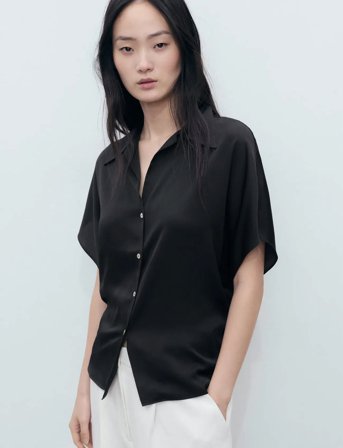 Mango Short-Sleeved Satin Shirt - Black - XS