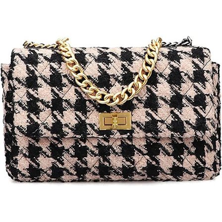 PU Læder Sort Og Hvid Houndstooth Dame Skuldertaske A