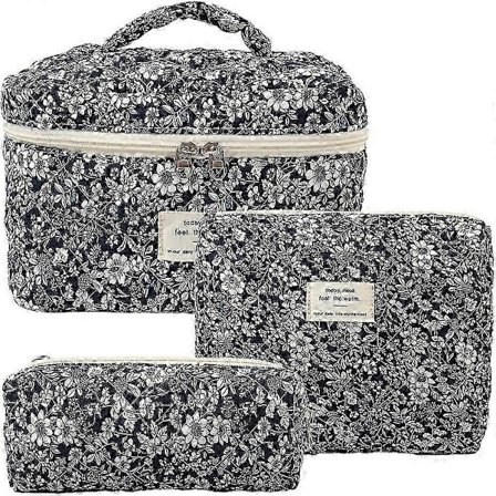 3 stk. Makeup Taske Bomuld Vatteret Rejse Kosmetiktaske Sød Blomstret Makeup Pung Stor Toilet Taske til Kvinder Piger (Sløjfe-Pink)