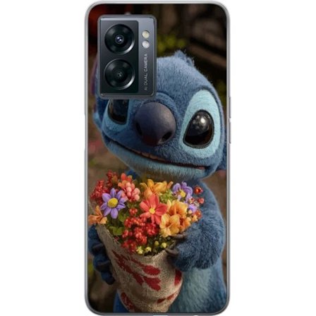 Kompatibel Mobilcover til OnePlus OnePlus Nord N300 Sød blå figur med store øjne, der holder en farverig buket i en varm og kær stil