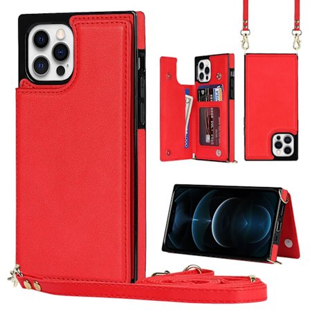 Etui til iPhone 16 rød crossbody dobbel spenne kortlommebok skinnholder