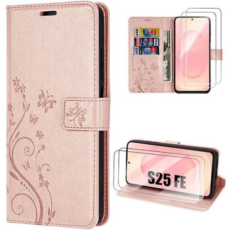 Skyddsfodral - BOOLING - för Samsung Galaxy S25 FE - Syntetläder Rosa Växtmönster - 2 Härdade Glas