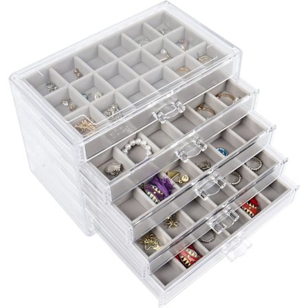 Akryl Smyckeskrin med 5 Lådor Justerbar Örhänge Förvaring Hållare Klar Smycke Förvaring Organizer för Ringar Örhängen
