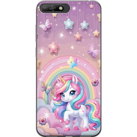 Kompatibelt Mobildeksel til Huawei Y6 (2018) Magisk enhjørning med regnbue manke, stjerner og sommerfugler mot en pastellhimmel med skyer