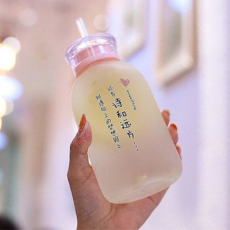 Kawaii Glasvattenflaska med Sugrör och Lock, Cartoon, Läckagesäker