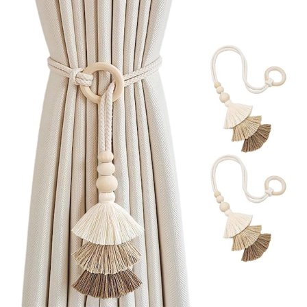 Verhosidokset tupsuilla ja köysisolmuilla, boheemi tyyli, 2 käsintehtyä puurengasta, verhosidokset, seinäkoristeet, verhokiinnikkeet