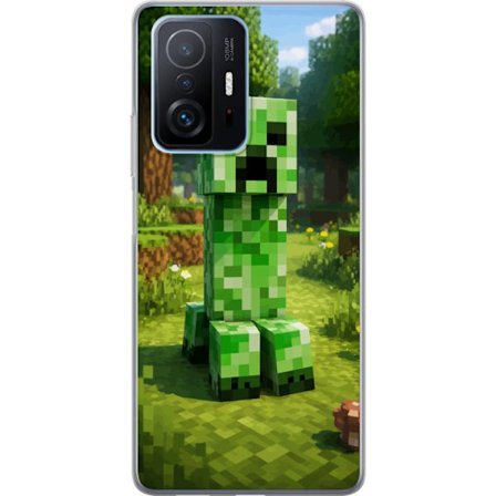 Kompatibelt Mobilskal till Xiaomi 11T Block-baserad Creeper-figur i en grön pixell värld, ikonisk spelillustration för barnrum, gamers och mobilska