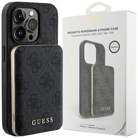 Guess 4G metalllogo-sett for iPhone 13 Pro Max + 5000mAh MagSafe Power Bank - svart