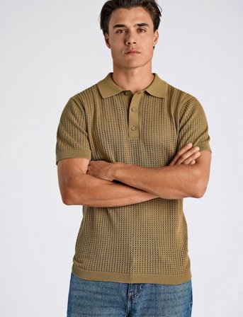 Lindbergh Crochet Knitted S/S V-Neck Polo - Khaki green - XL