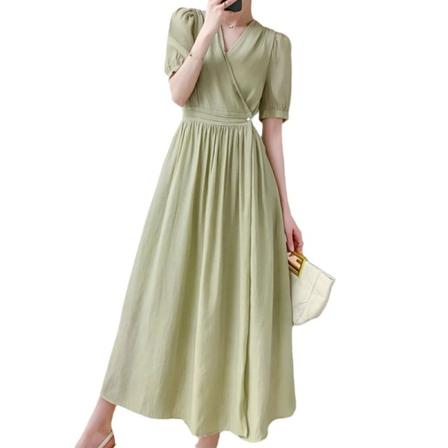V-ringad fransk stil elegant plisserad klänning Green L