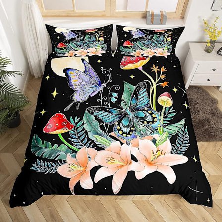 Blomster Møll Sommerfugl Konge Dronning Dynetrekk Trippy Sopp Sengesett Måne Stjerneklar Himmelen Dynetrekk Polyester Dyne Trekk