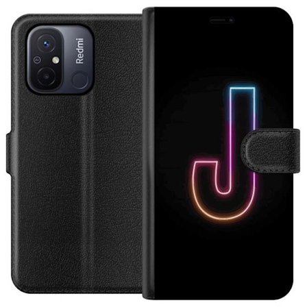 Kompatibel Tegnebogsetui til Xiaomi Xiaomi Redmi 12C Minimalistisk neonbogstav J i farveskiftende lys mod sort baggrund