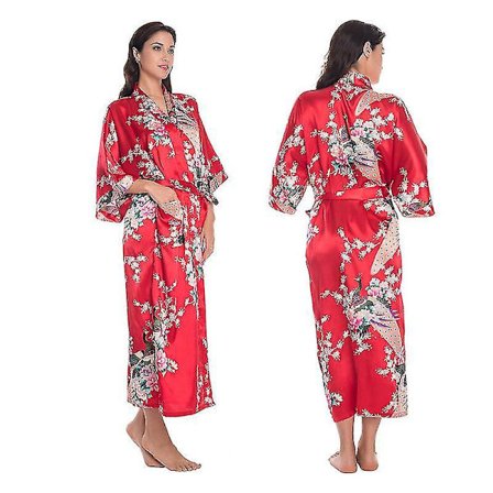Luksuriøs silkesateng kimono-morgenkåpe - Elegant nattøy for kvinner L rød