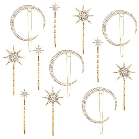12-pack stjärnor och måne hårklämmor, vintage strass hårnål, metalllegering diamantprydda håraccessoarer för kvinnor och flickor
