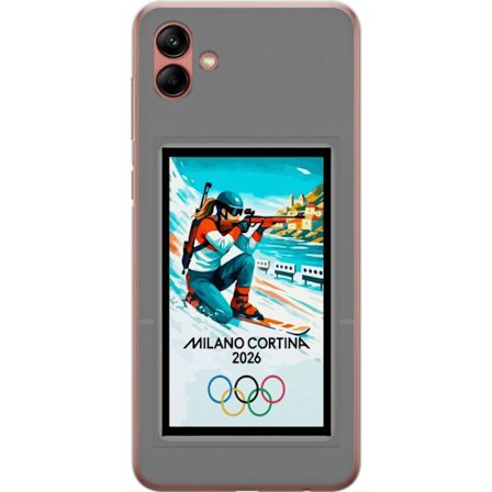 Kompatibelt Mobildeksel til Samsung Galaxy A04 Retroplakat Cortina Milano 2026 med fjell, vintersportsutøvere, italienske trikolor, Milano-katedralen