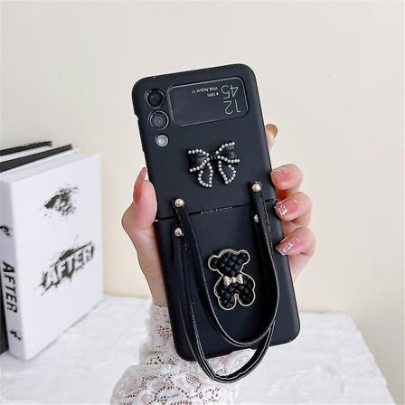 3D-buehjelm-bjørneetui Kompatibel med Samsung Galaxy Z Flip 4 5g med armbåndsrem Foldbar stødsikker bagcover Black