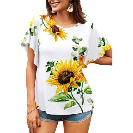Print T-shirt För Kvinnor Med Blommönster