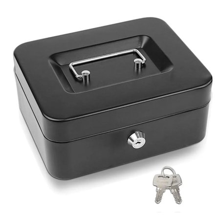 Kontantkasse i stålplade, 150x120x80 mm, aflåselig, med 2 nøgler og møntindsats