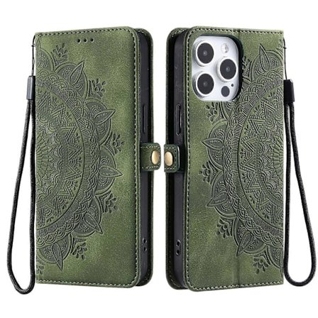 Style 016 Til iPhone 16 Pro Max Cover Hudfølelse Totem Præget Tegnebog Læder Telefon Cover - Sort Multicolor Blackish Green
