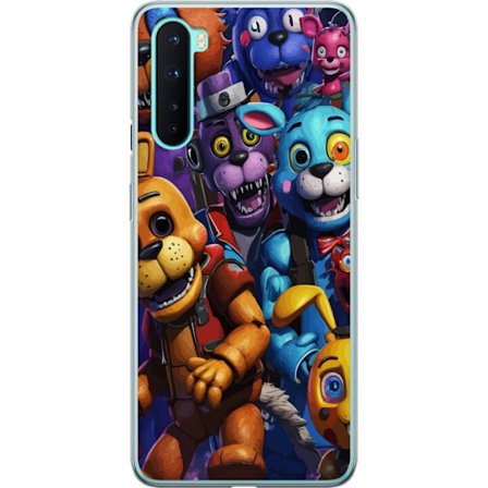 Kompatibelt Mobilskal till OnePlus OnePlus Nord Färgstarka animatroniska figurer inspirerade av Five Nights at Freddy’s, intensiv blick, neonljus,