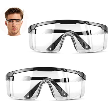 2 sikkerhedsbriller (sort kant), transparente anti-dug og