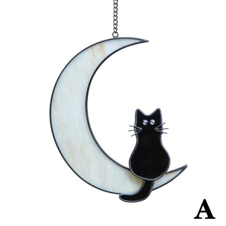 Pulunto Svart Katt På Vit Måne Målat Glas Suncatcher Fönster