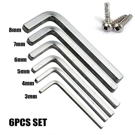 6 stk. L-formet firkantnøgle firkantnøgle 4-punkts nøgleskruetrækkersæt 3-8 mm