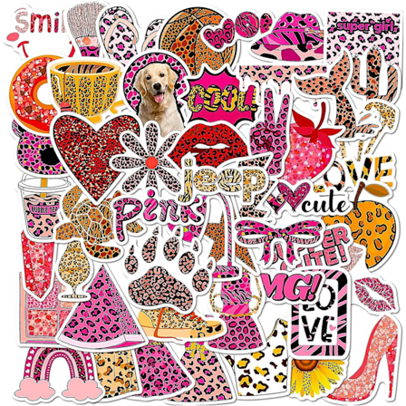 50 kpl Pink Leopard -tarraa, Vedenkest vi Tarroja Teineille ja Aikuisten, Leopardikuvioisia Tarroja Vinyyli Tarroja Vesi Pullolle Kannettavalle 