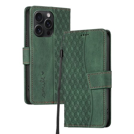 Fodral för iPhone16e mörkgrön neutral opp-väska läder flip schackrutigt diamantmönster