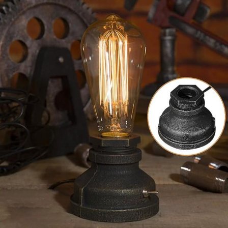 Retro Vintage Bordlampe - Loft Steampunk Vannrør Antikk E27 Lyspære Industrilampe Metallampe_MGF