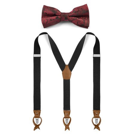 Set con papillon pre-annodato bordeaux e bretelle nere per uomini - Set di papillon