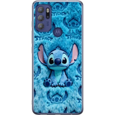 Kompatibel Mobilcover til Motorola Motorola Moto G60S Stitch sidder på fluffy blåt mønster med sit ansigt og ører gentaget som tekstur, hvilket sk