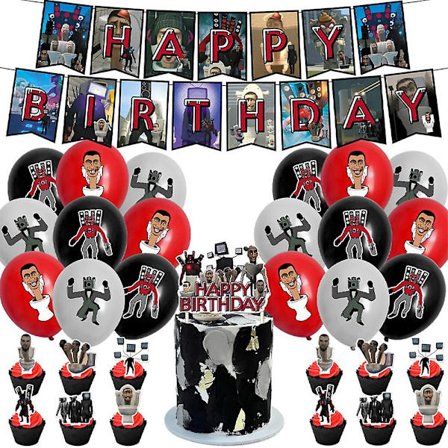 Skibidi Toalett Skräckspel Tema Grattis på födelsedagen Festtillbehör Banner Ballonger Kit Tårta Cupcake Toppers Set